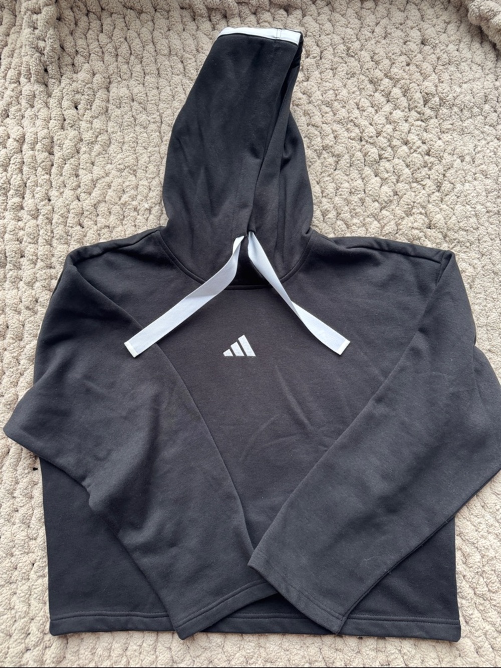 adidas Black Hoodie with White Logo and White Drawstrings